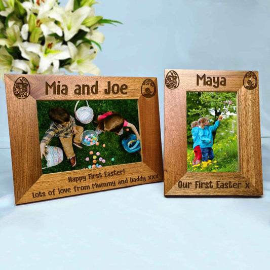 Personalised Easter Bunny and Chick Photo Frame Oak Frame