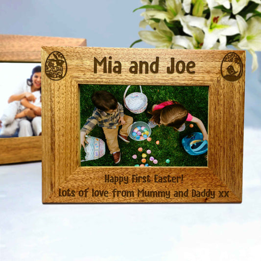 Personalised Easter Bunny and Chick Photo Frame Oak Frame
