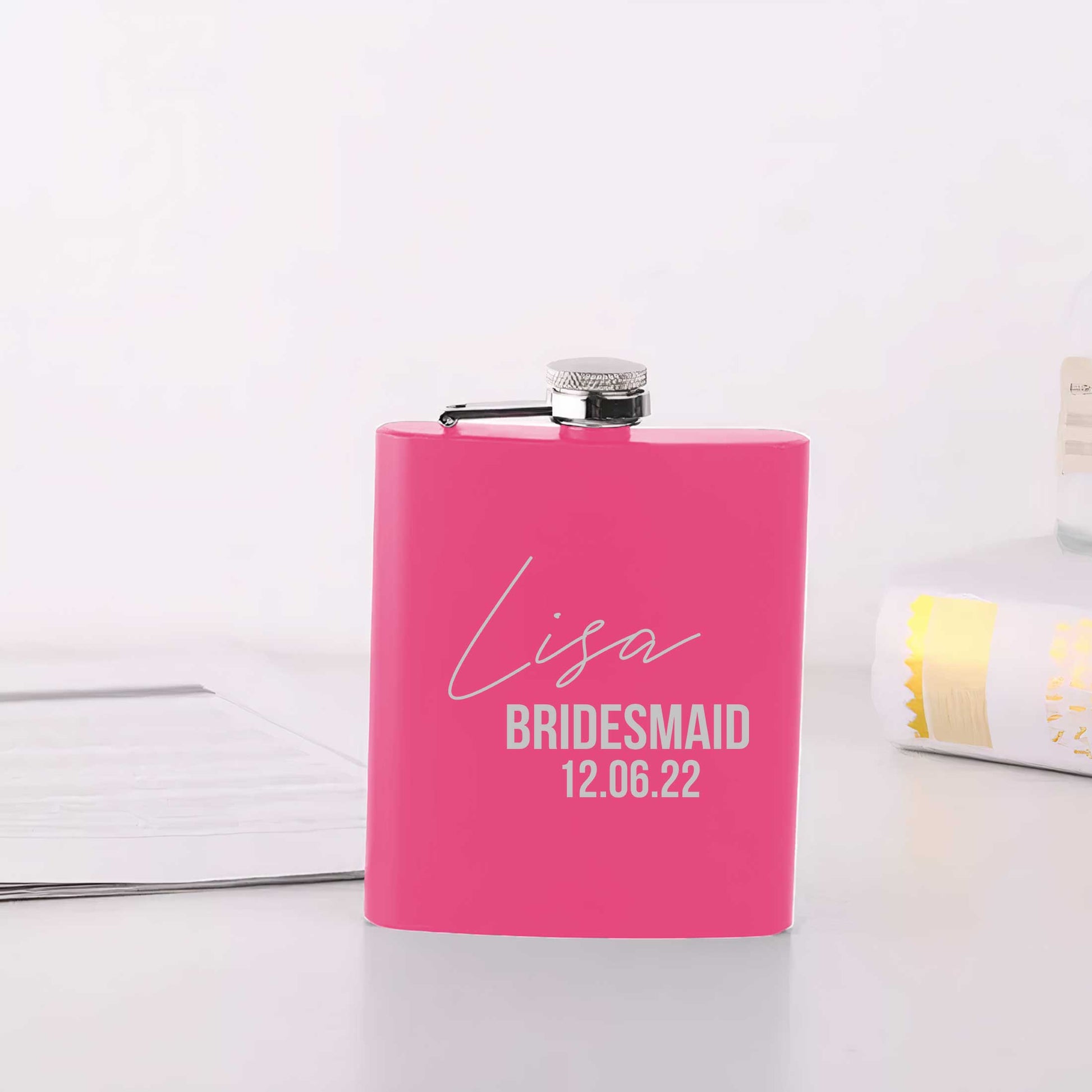 Personalised Bridesmaid Hip Flask 6oz Custom Name & Date - FLUX DESIGNS