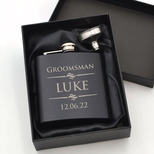 Personalised Groomsman Hip Flask 6oz Custom Name & Date - FLUX DESIGNS