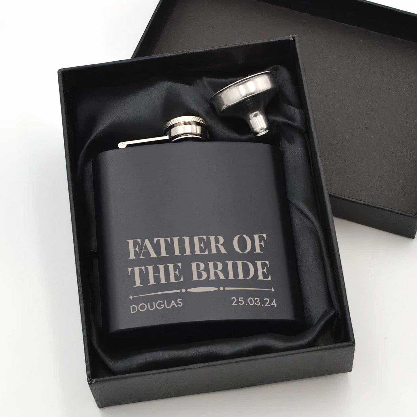 Personalised Wedding 6oz Black Hip Flask Name & Date And Role