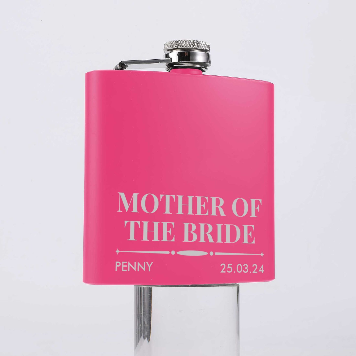 Personalised Wedding 6oz Pink Hip Flask Name & Date And Role