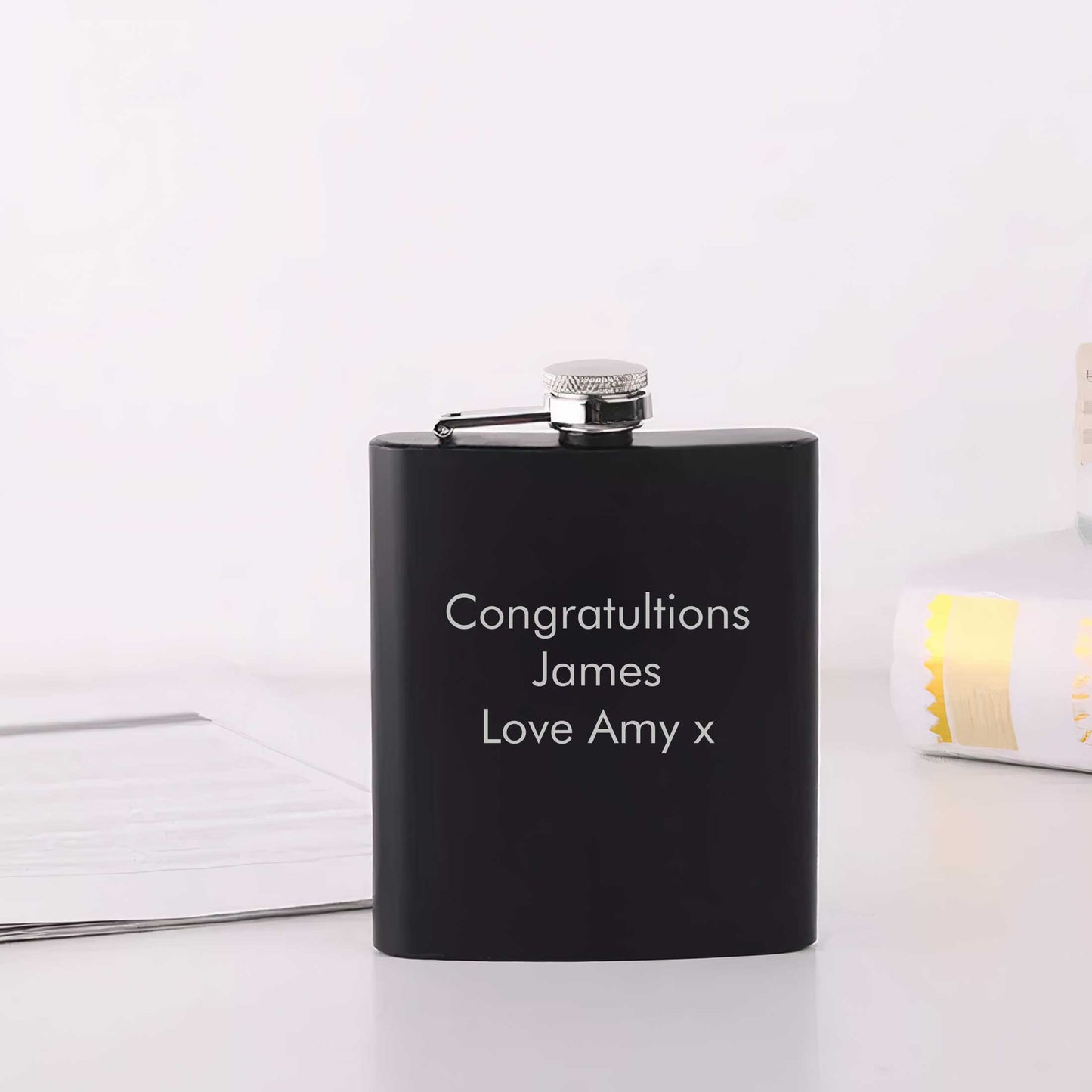 Personalised Hip Flask 6oz Any Message Black Flask - FLUX DESIGNS